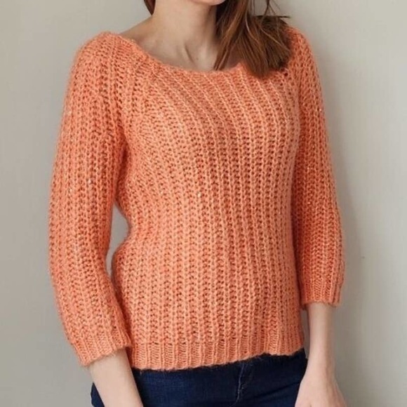 Anthropologie Knitted & Knotted Size Medium Sequined Open Knit Peach Sweater - Picture 8 of 8